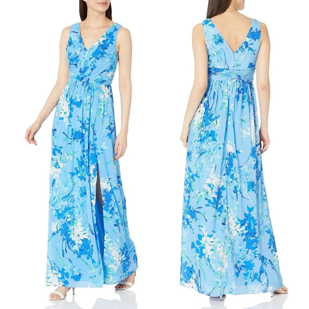Adrianna Papell Dress Womens Size 4 Blue Floral Maxi Pleated Empire Wedding NWT